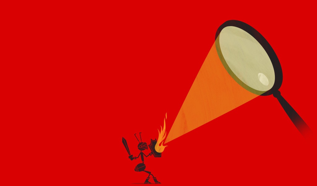 Муравей защищается от луча, красный фон