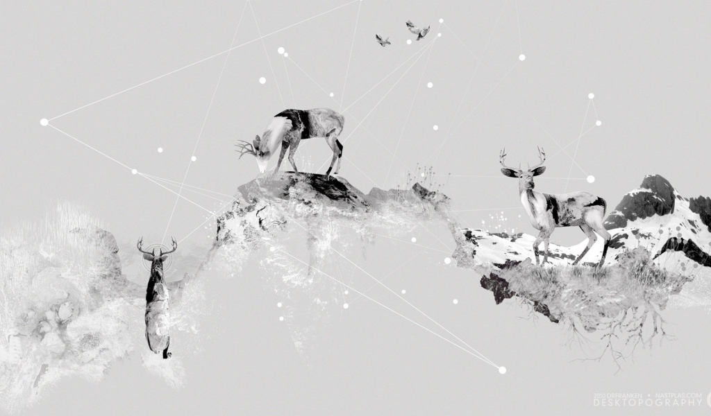 Олени в горах, серый фон