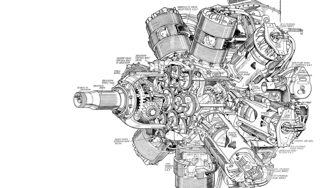 Чертеж мощного двигателя на белом фоне