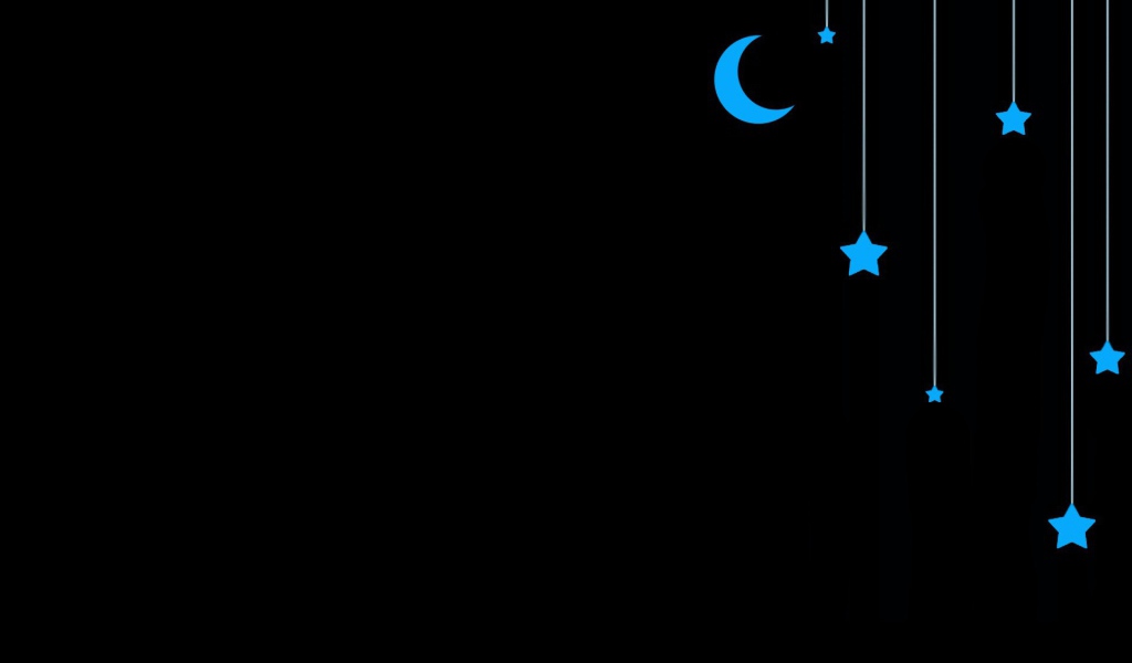 Луна и звезды на веревочках, черный фон