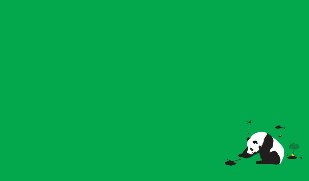 Панда играет танками, зеленый фон