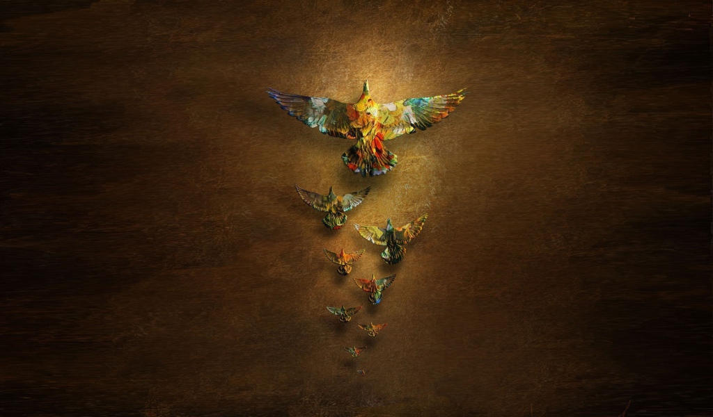 Радужные птицы на коричневом фоне