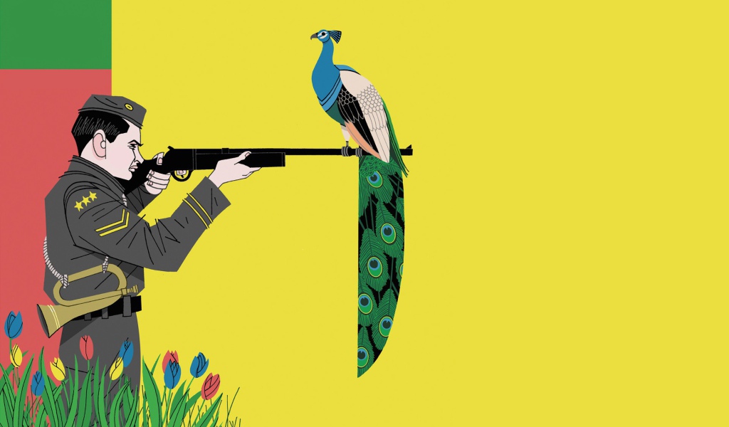 Фазан на ружье охотника, желтый фон