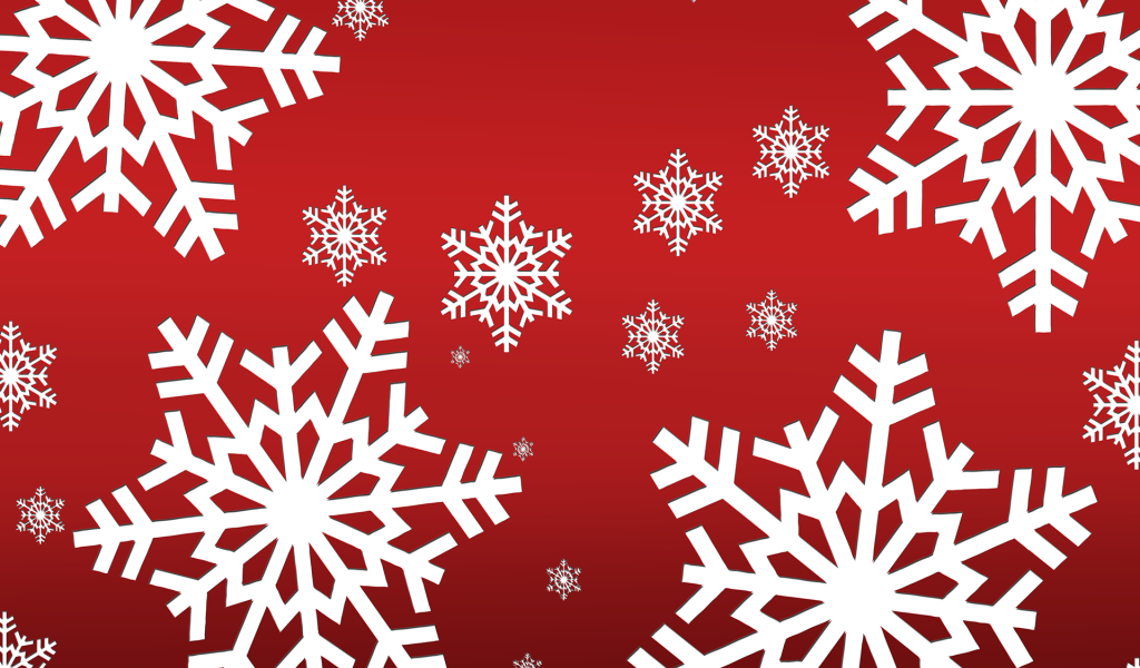 Красный фон с белыми снежинками