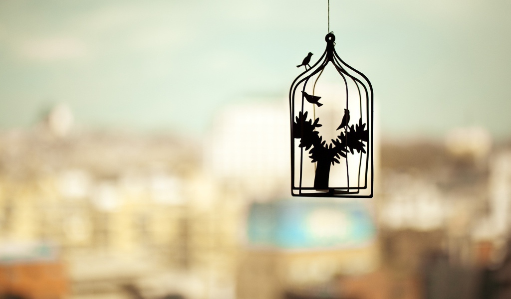 Силуэт клетки для птиц на нечетком фоне