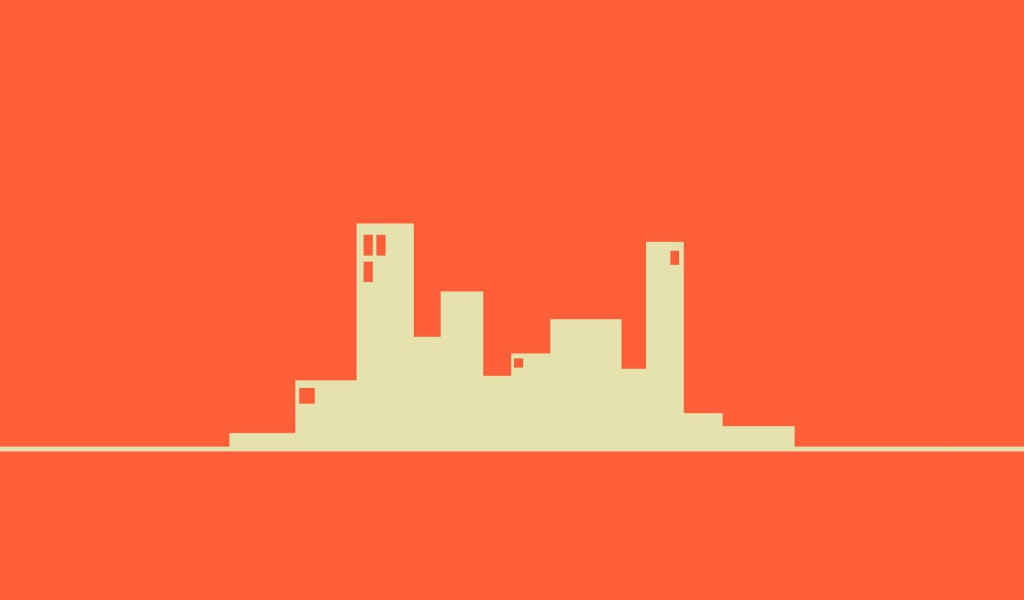 Силуэты зданий, оранжевый фон