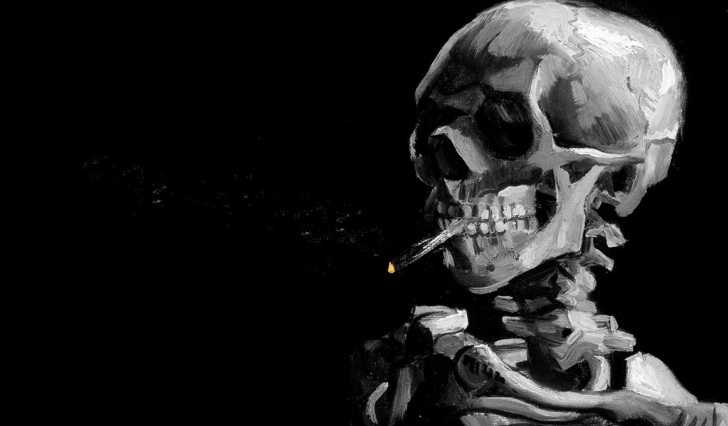 Скелет курильщика на черном фоне