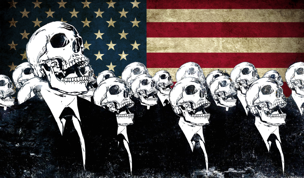 Скелеты в костюмах на фоне флага США