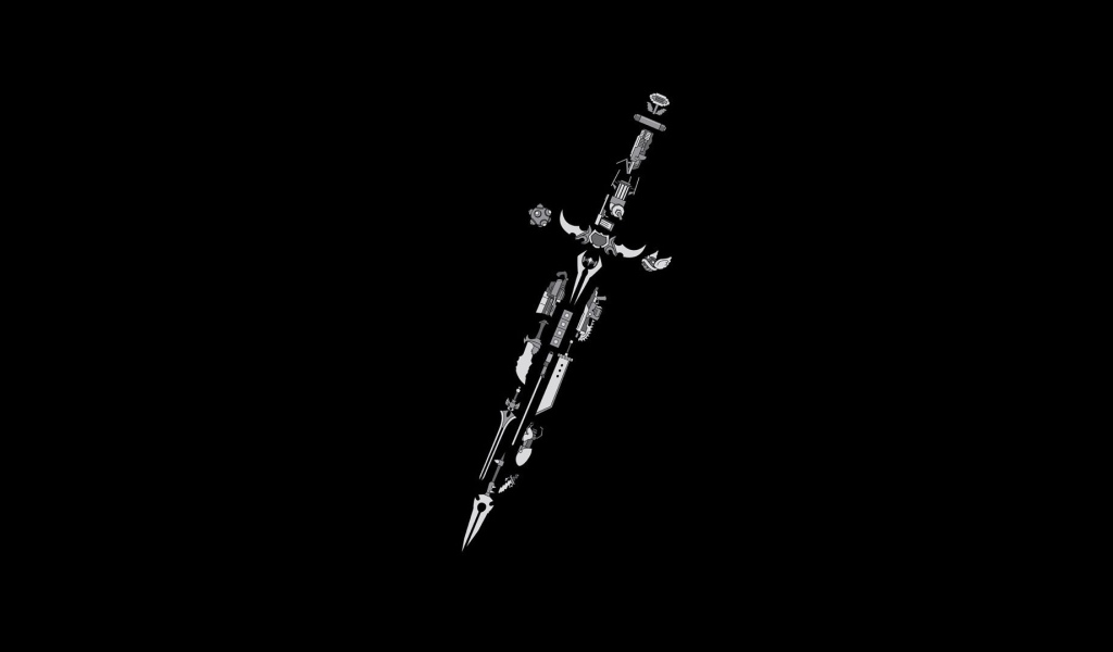 Меч из элементов разных игр, черный фон