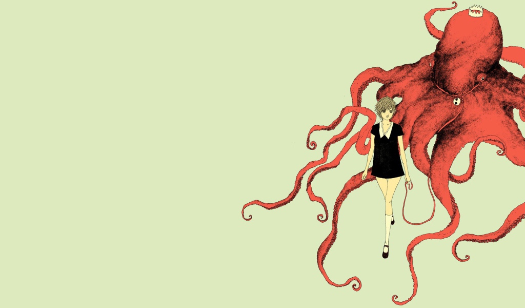Девушка и красный осьминог, светлый фон