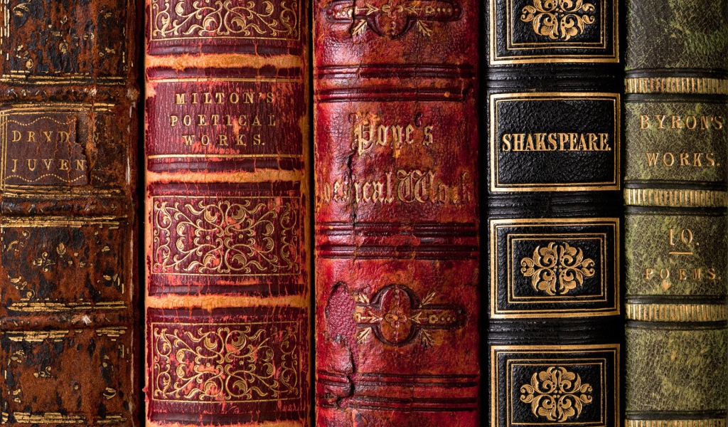 Корешки старых книг на полке библиотеки