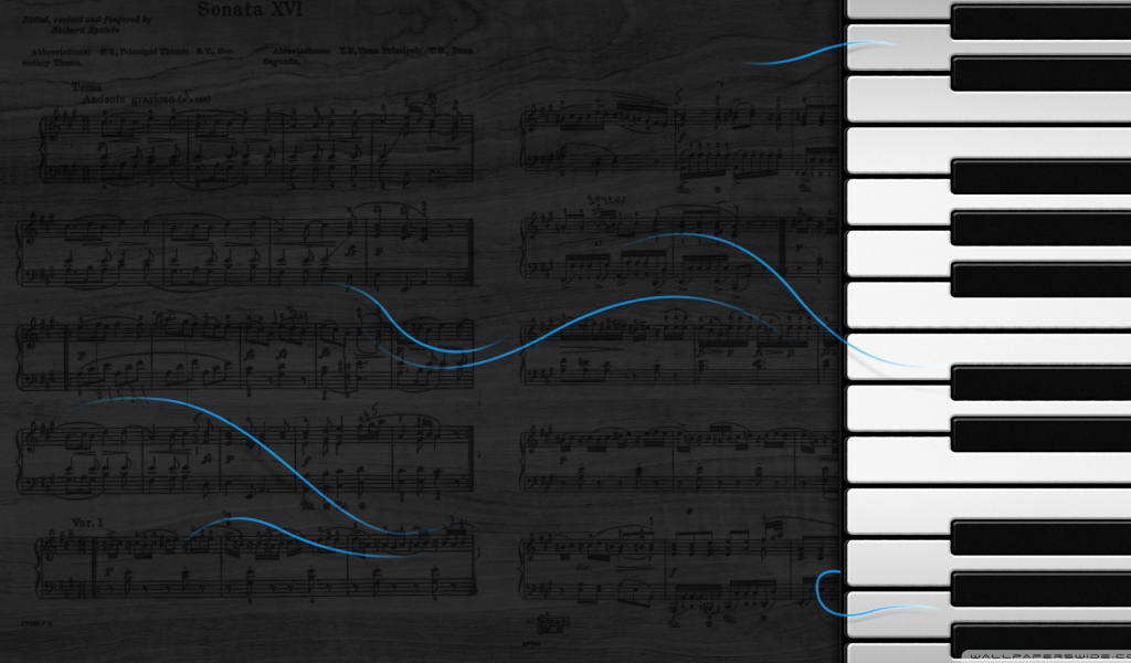 Волны музыки пианино на фоне нот