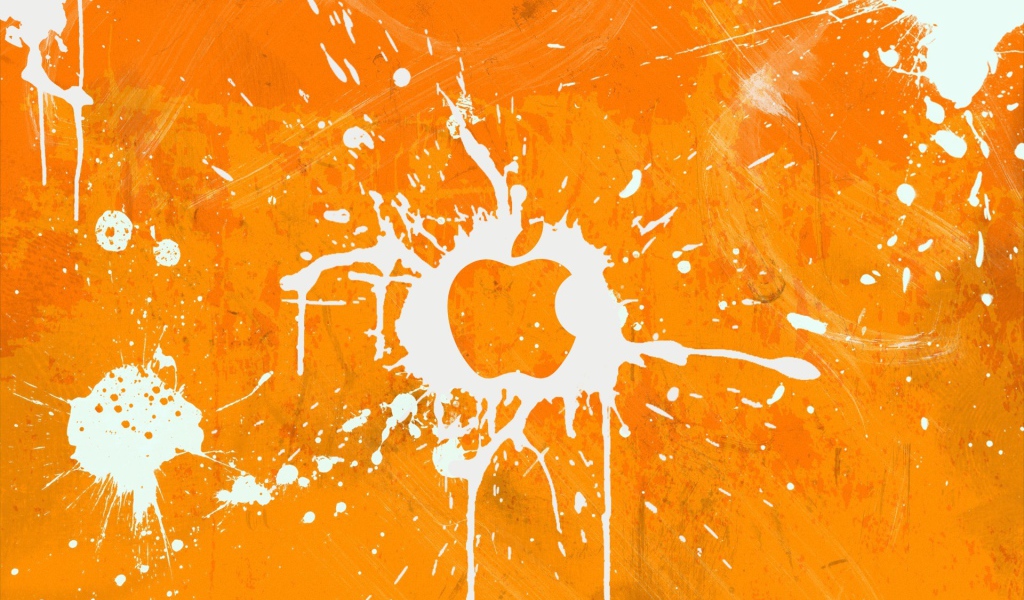 Логотип Apple Inc, всплески на оранжевом фоне