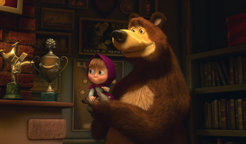 Медведь показывает Маше свои награды, мультфильм Маша и медведь