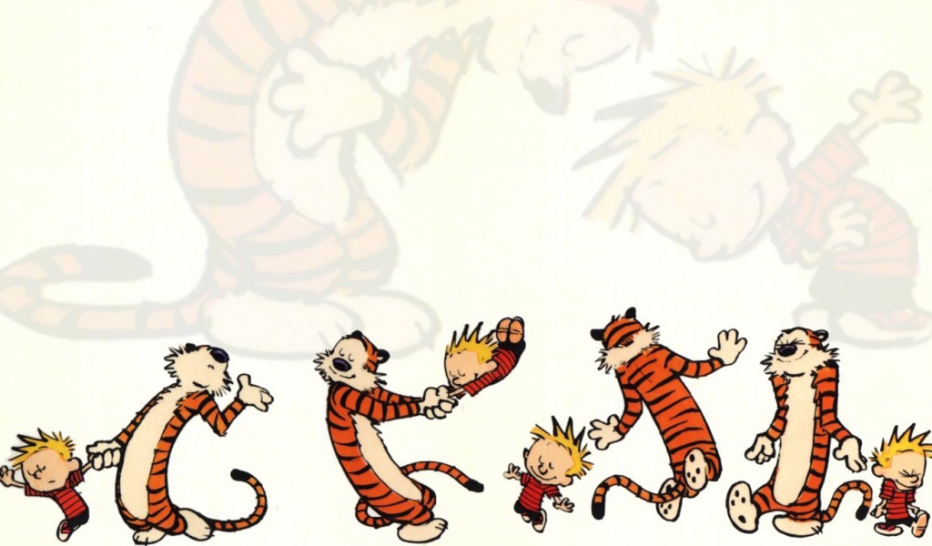 Мальчик играет с тигром в комиксе Кельвин и Хоббс