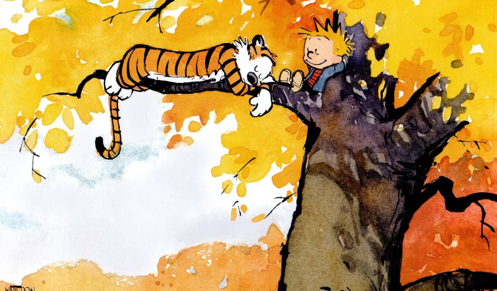 Comic book characters Calvin and Hobbes on the tree