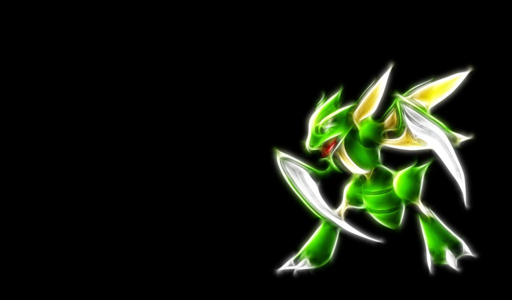 Зеленый покемон Фракталиус на черном фоне