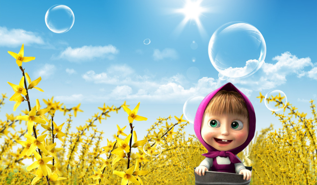 Маша на фоне голубого неба, мультфильм Маша и медведь