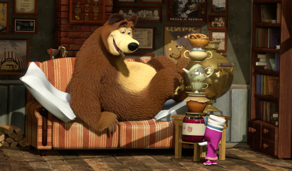 Маша зовет медведя пить чай, мультфильм Маша и медведь