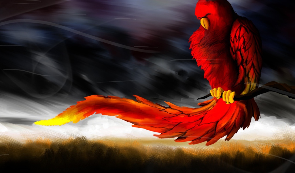 Красная птица ухватилась за ветку во время ветра