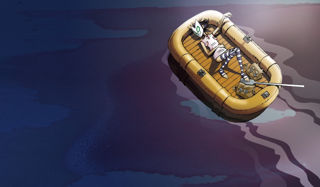 Человек в маске спит в надувной лодке, мультфильм