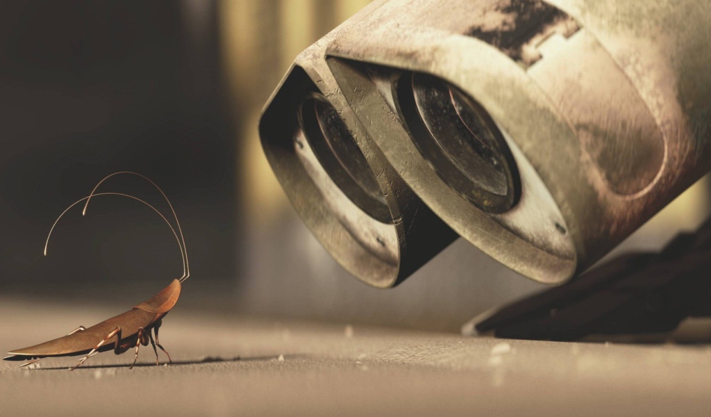 Робот смотрит на таракана, мультфильм