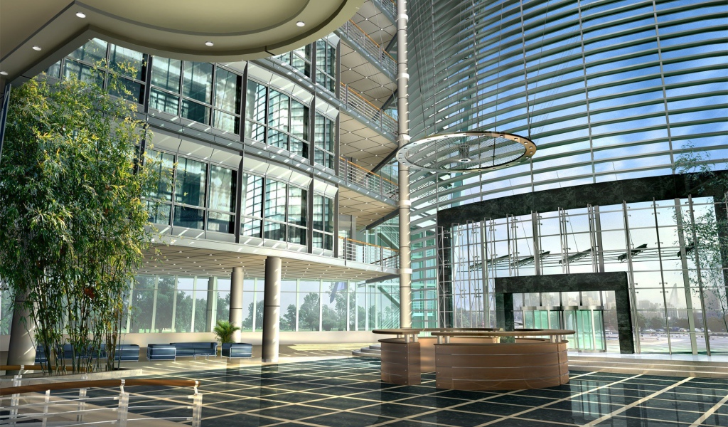 Интерьер холла стеклянного здания