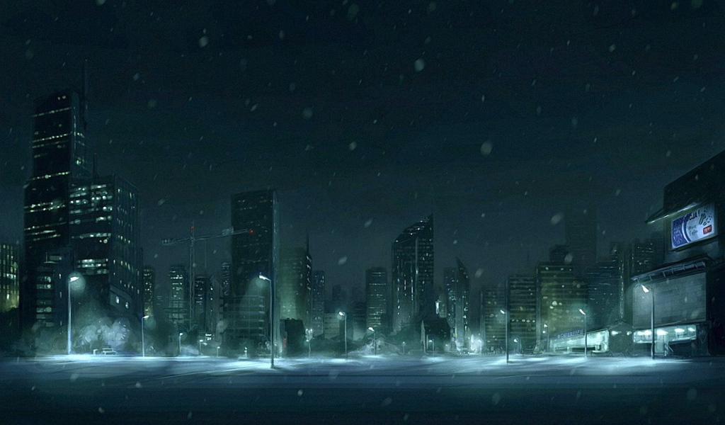 Снег в ночном городе