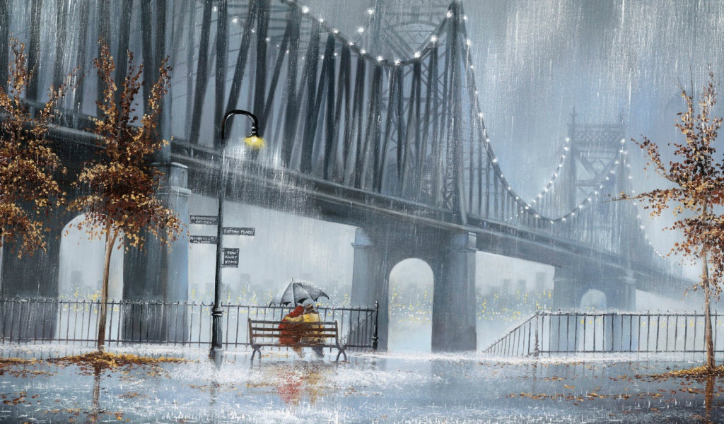 Влюбленные у моста под дождем