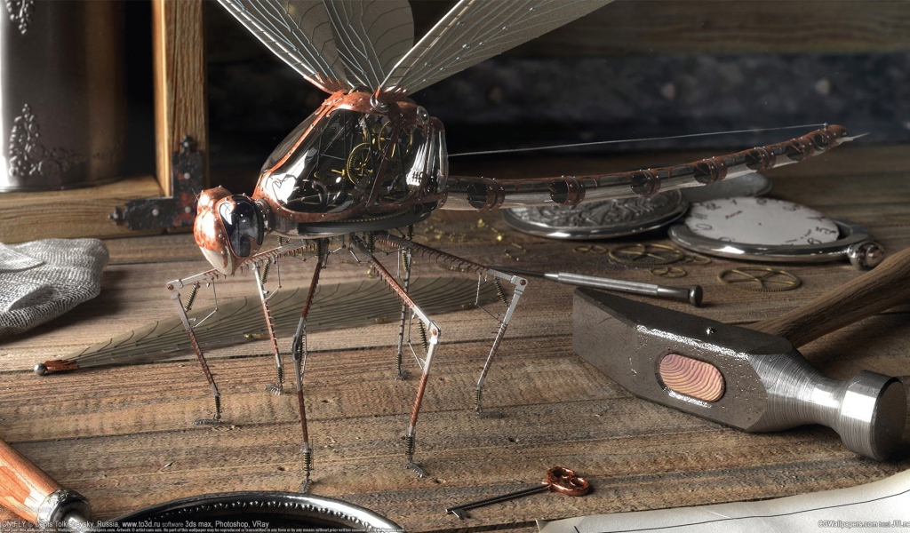 Механическая стрекоза в мастерской