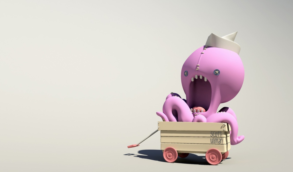 Розовый осьминог на тележке