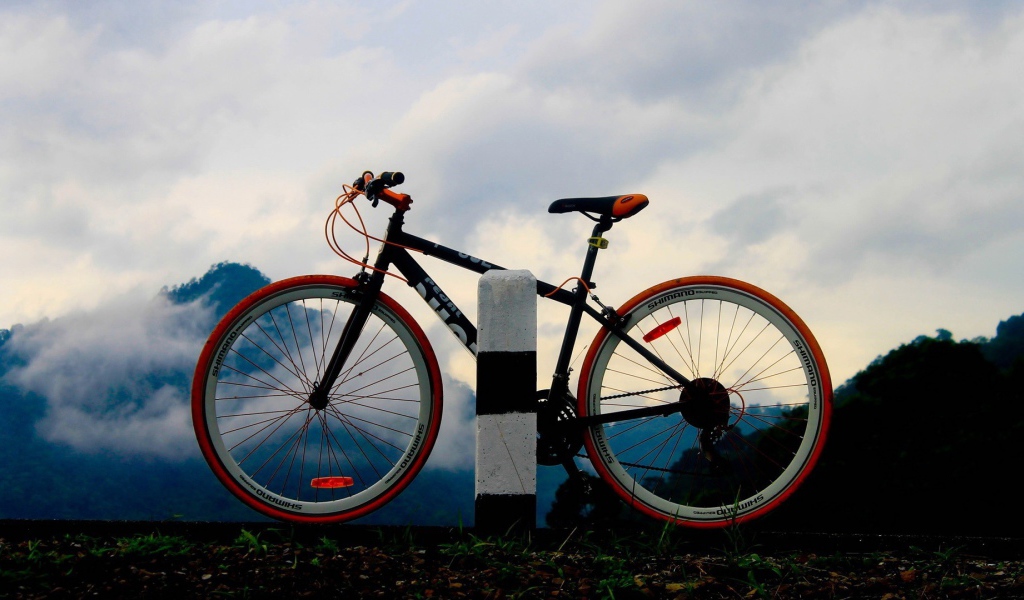 Спортивный велосипед у дорожного столбика