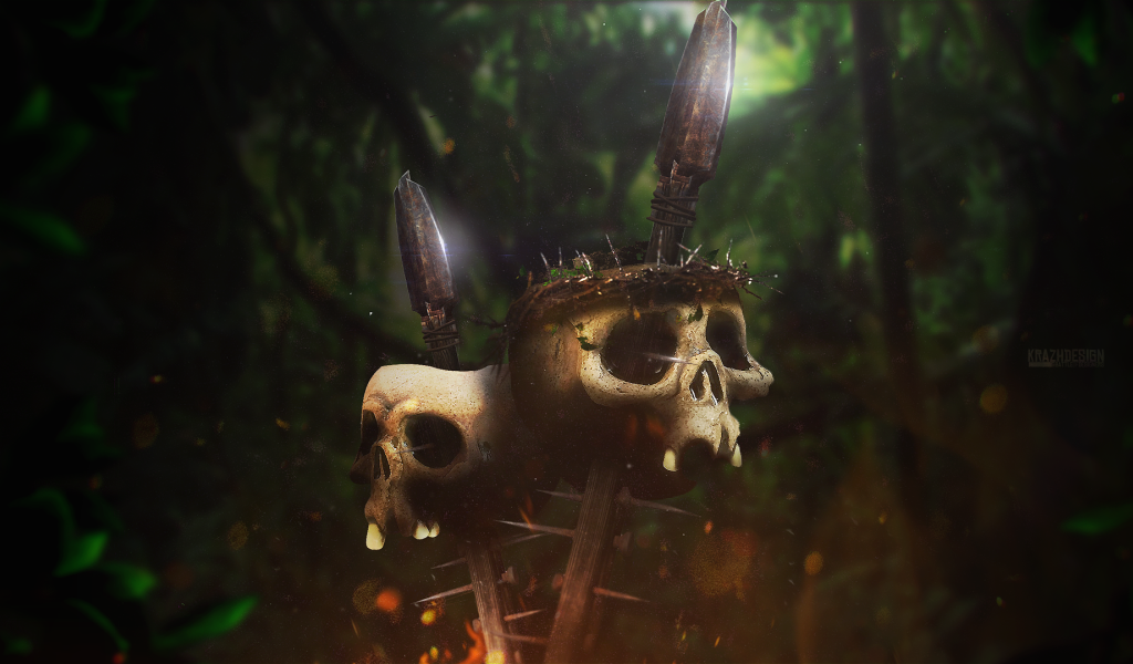 Черепа на копьях в джунглях