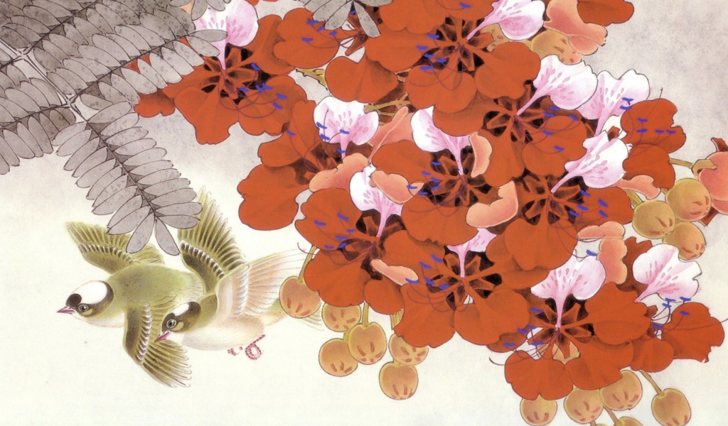 Птицы среди красных цветов, японская живопись