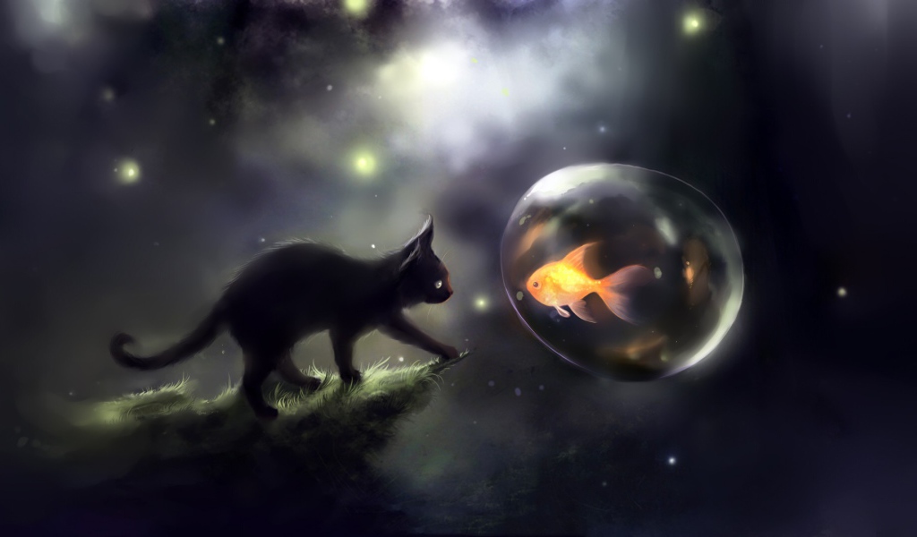 Черный котенок и золотая рыбка, арт