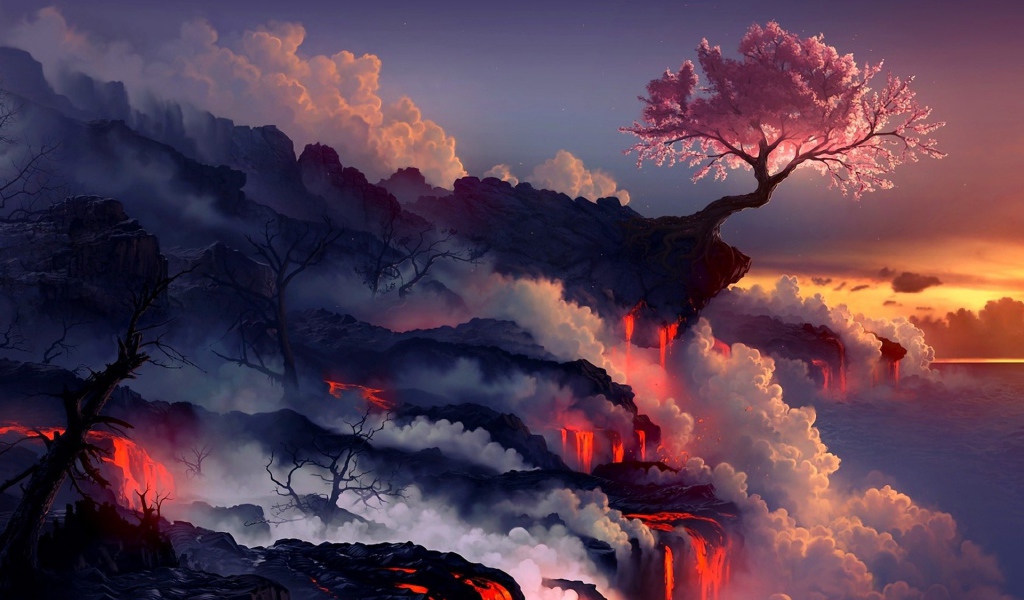 Цветущая вишня над потоками лавы