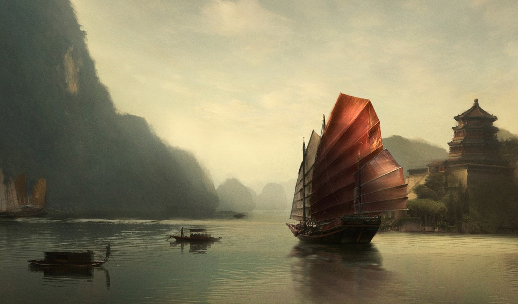 Китайская джонка на озере