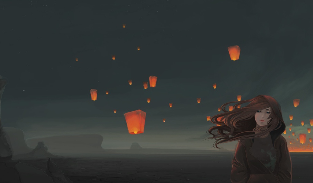 Китайские фонарики за спиной у девушки