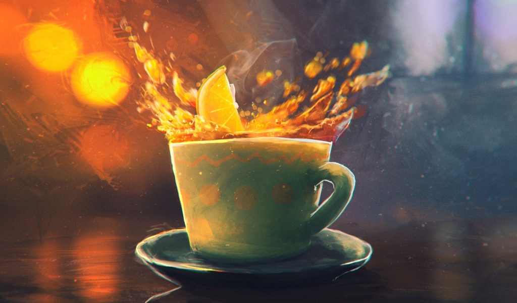 Долька апельсина падает в чашку, рисунок