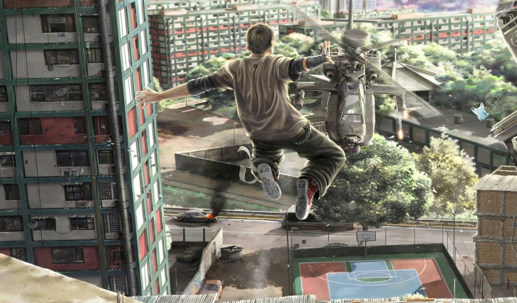 Паркурщик прыгает на вертолет