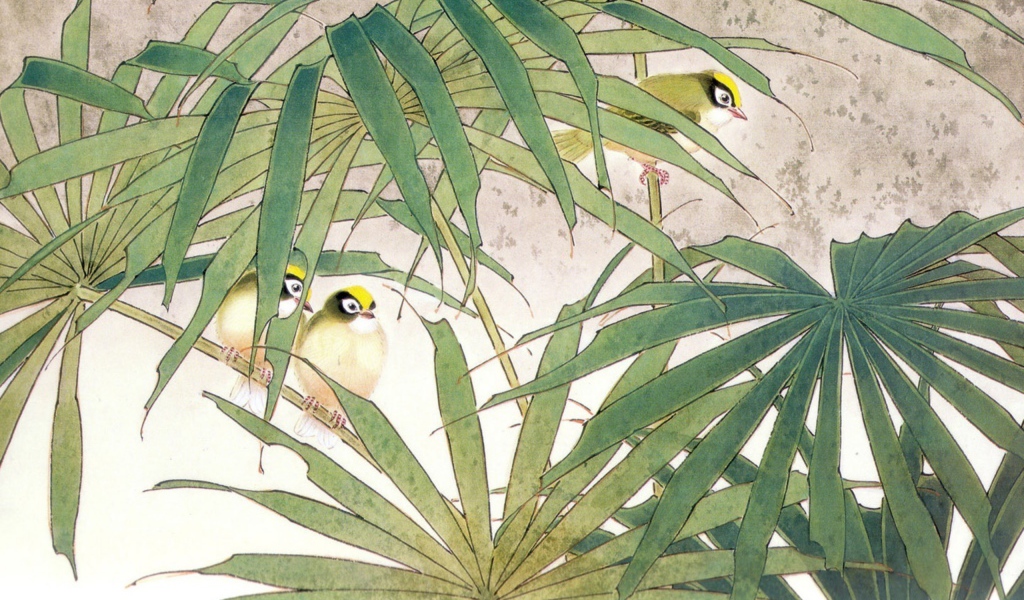 Семья птиц в зарослях, японская живопись