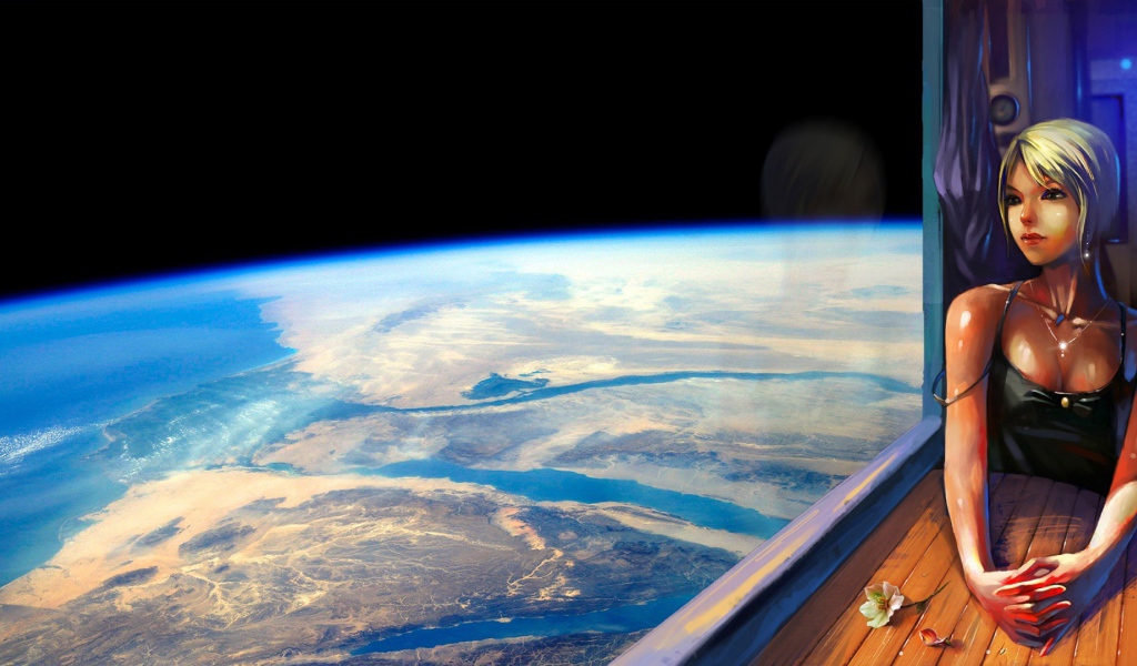 Девушка блондинка смотрит в окно на Землю