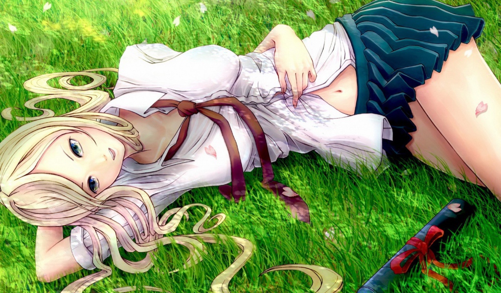 Блондинка лежит на траве, рисунок