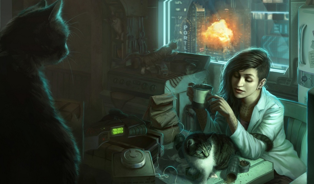 Девушка пьет чай в окружении котов