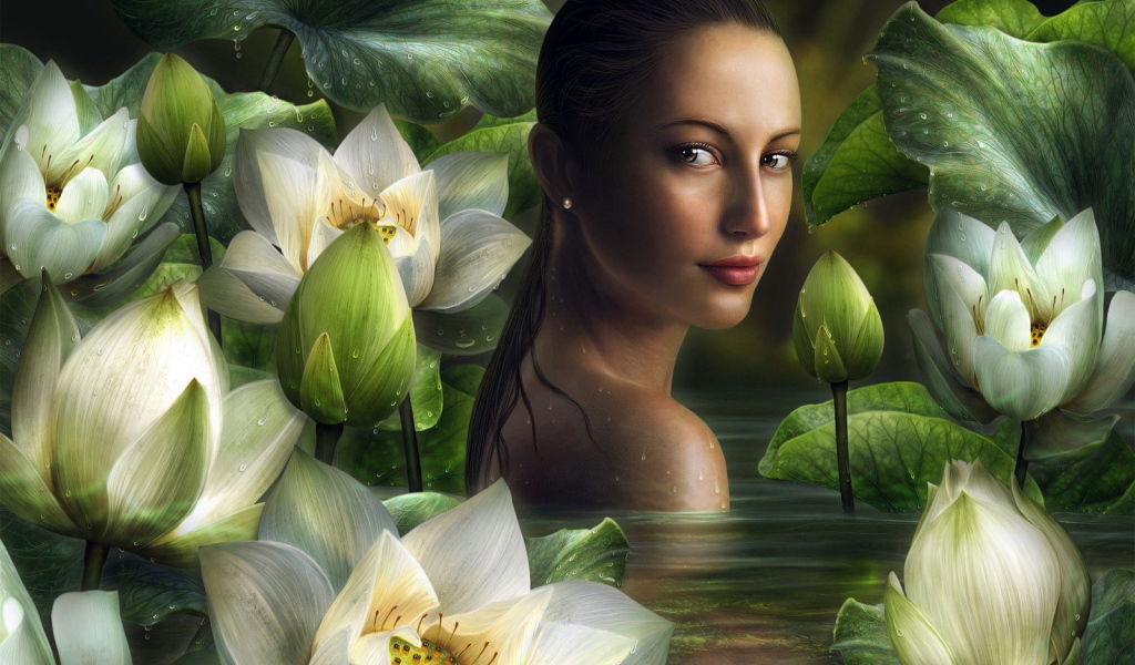 Девушка в воде с лилиями