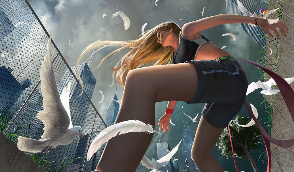 Девушка на площадке среди голубей, рисунок