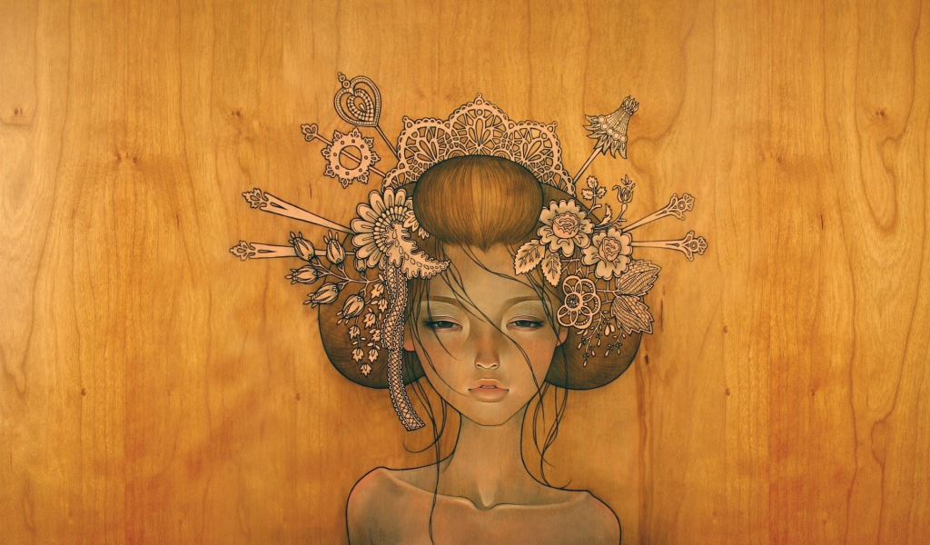 Девушка нарисованная на деревянной поверхности