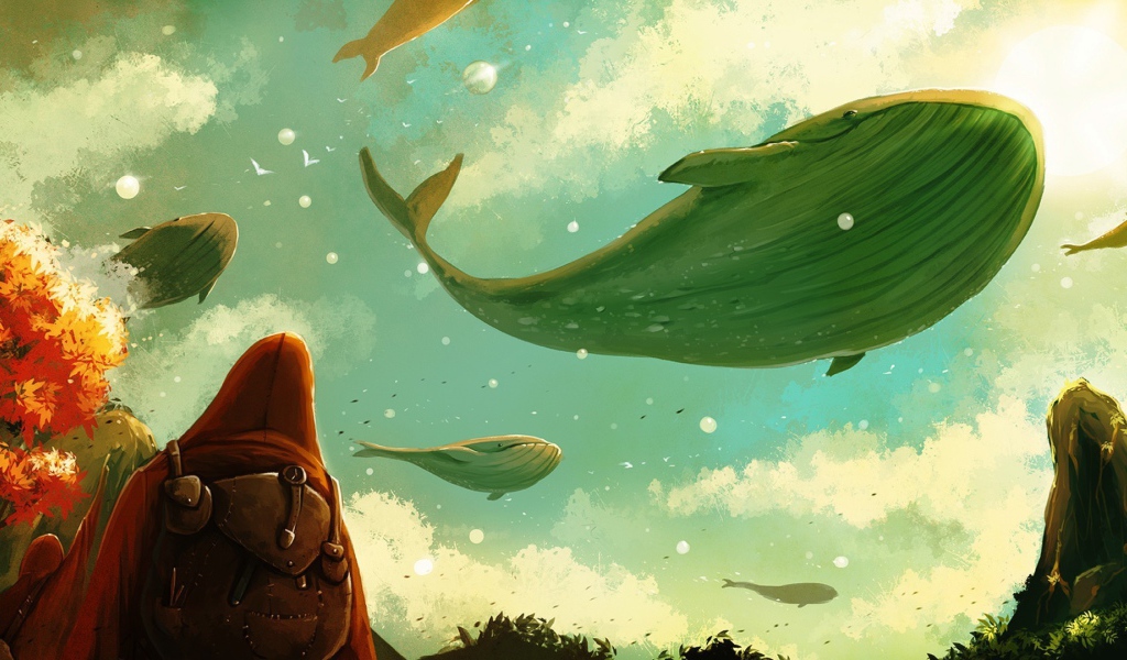 Стая китов пролетает в небе