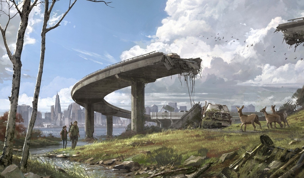 Стадо оленей у руин эстакады