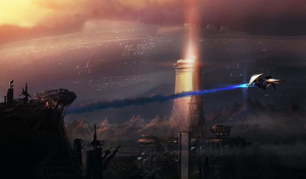 Огромный космический корабль над горами